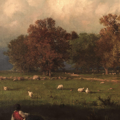 Painting of sheep grazing in a field with trees and a person sitting on the left.