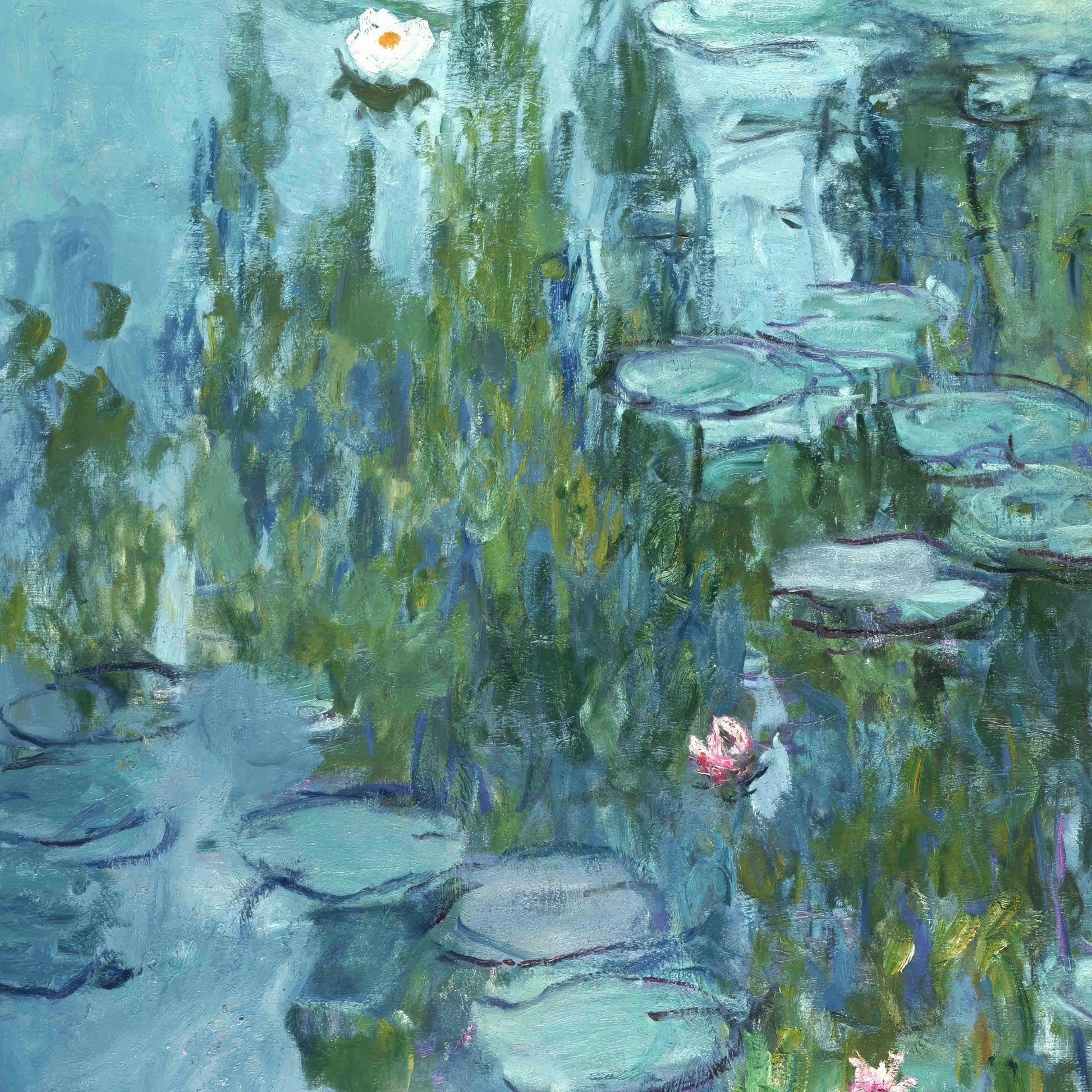 Painting of water lilies and reflections on a pond