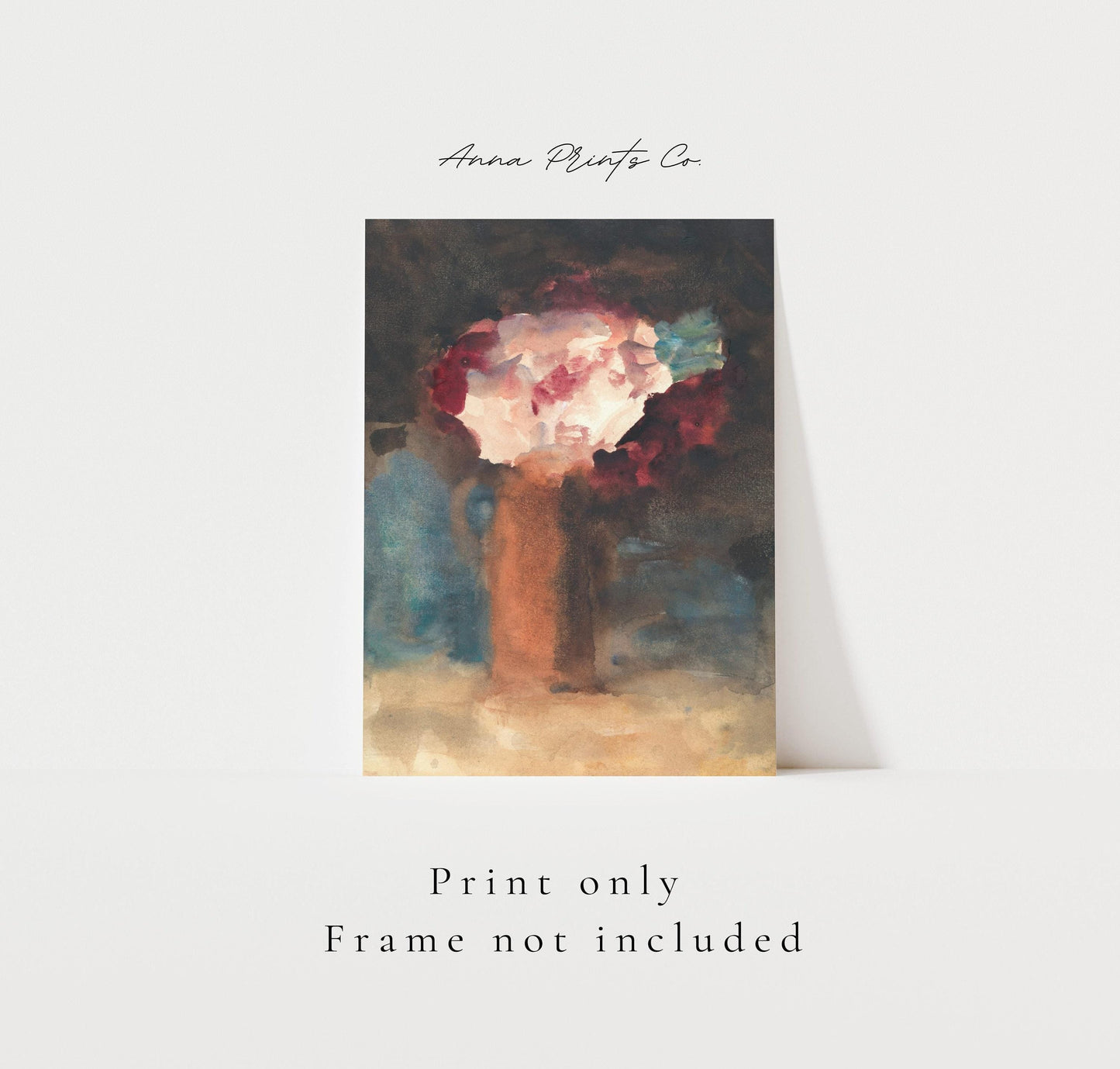 Vintage art print of Roses Watercolor Floral Painting with text overlay stating frame not included