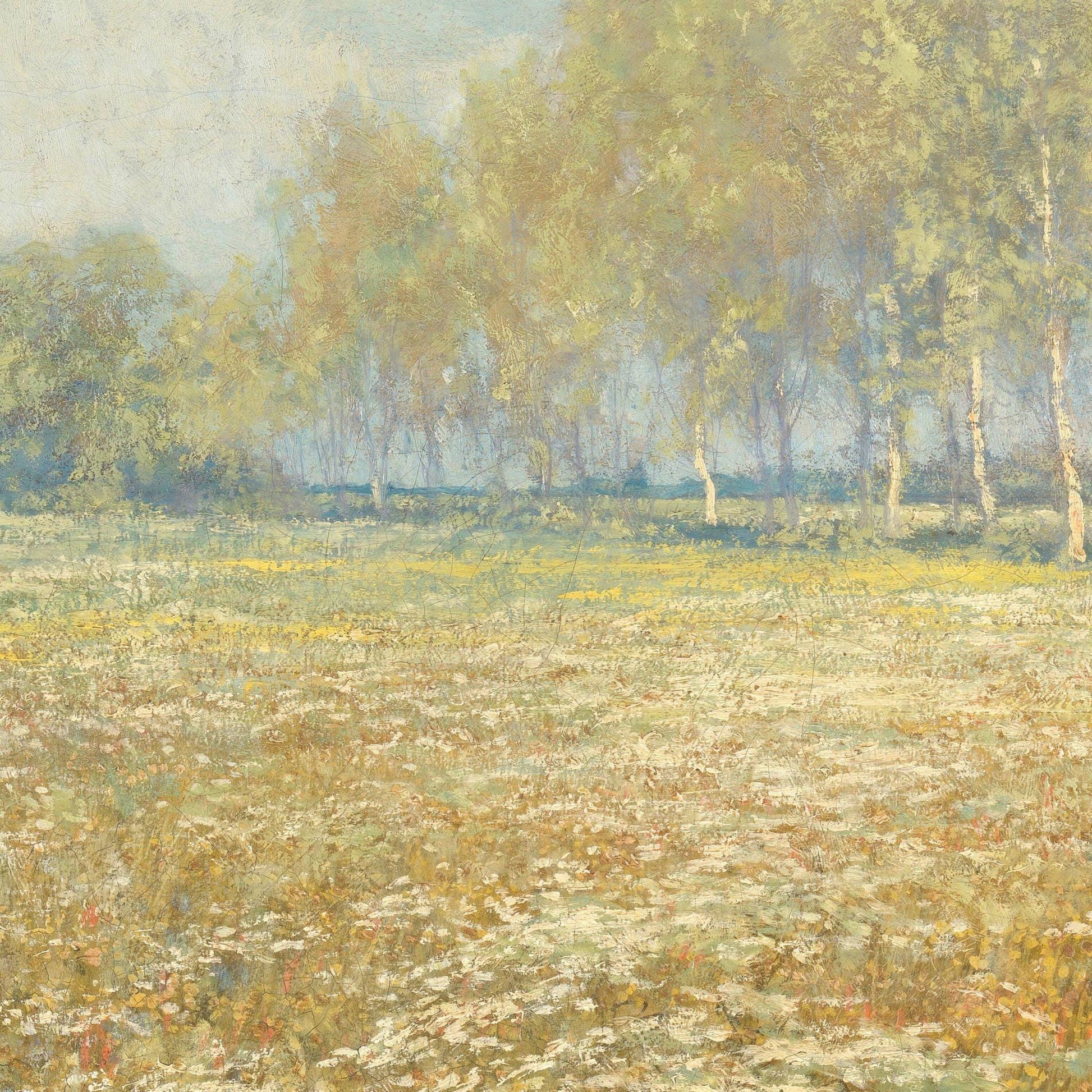 Painting of a landscape with trees and a field