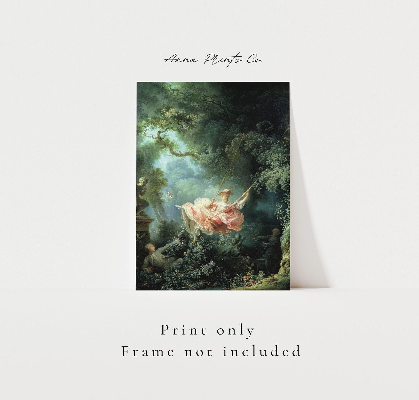 Vintage art print of The Swing by Fragonard Painting with text overlay stating frame not included