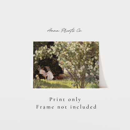 Vintage art print of Woman in Cottage Garden Painting with text overlay stating frame not included