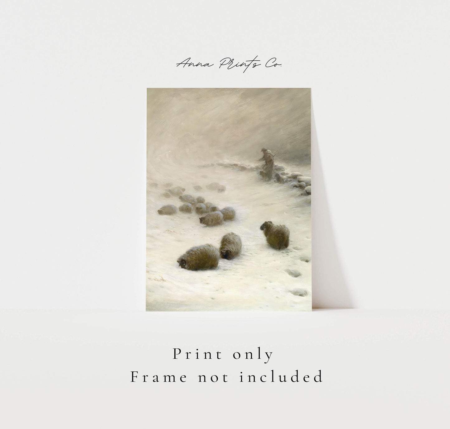 Vintage art print of Sheep in Winter Painting with text overlay stating frame not included