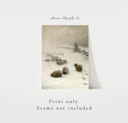 Vintage art print of Sheep in Winter Painting with text overlay stating frame not included