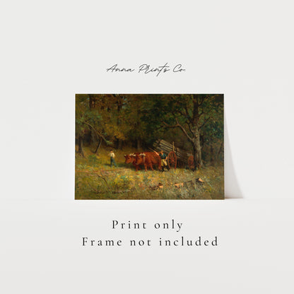 Vintage art print of Boy with Oxen Country Landscape with text overlay stating frame not included