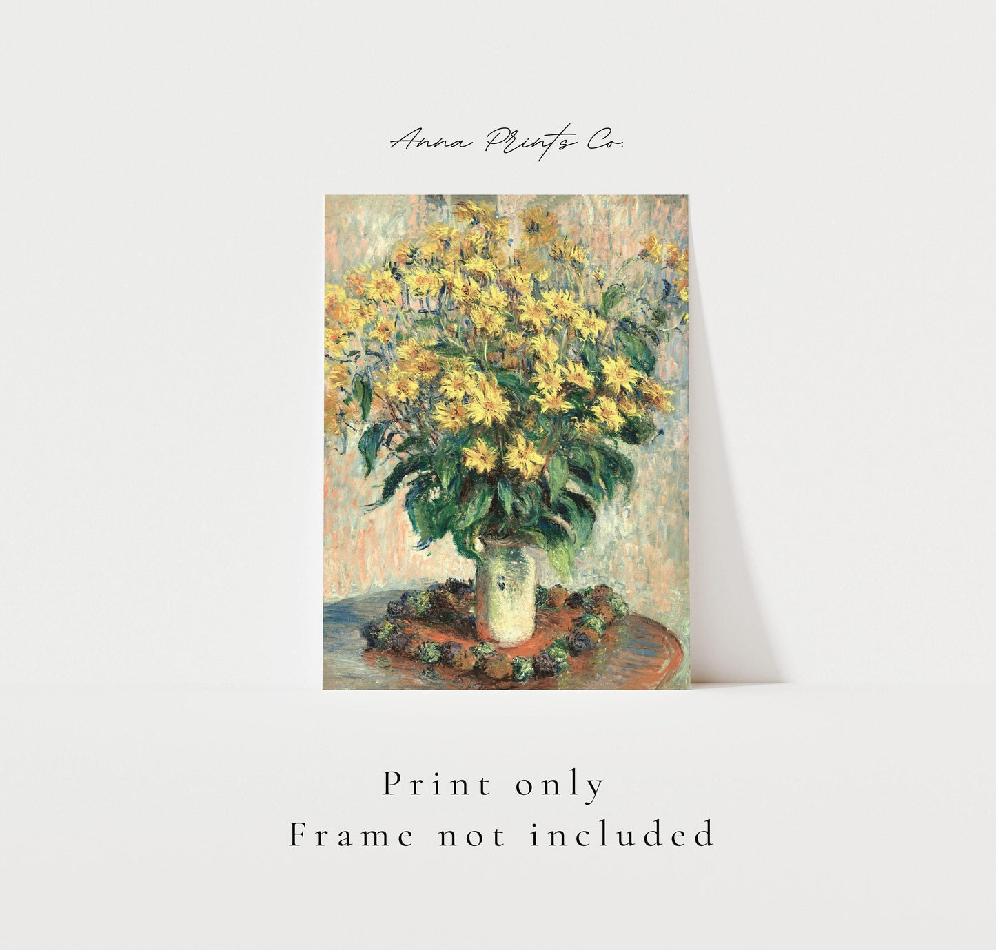 Vintage art print of Jerusalem Artichoke Flowers by Monet with text overlay stating frame not included