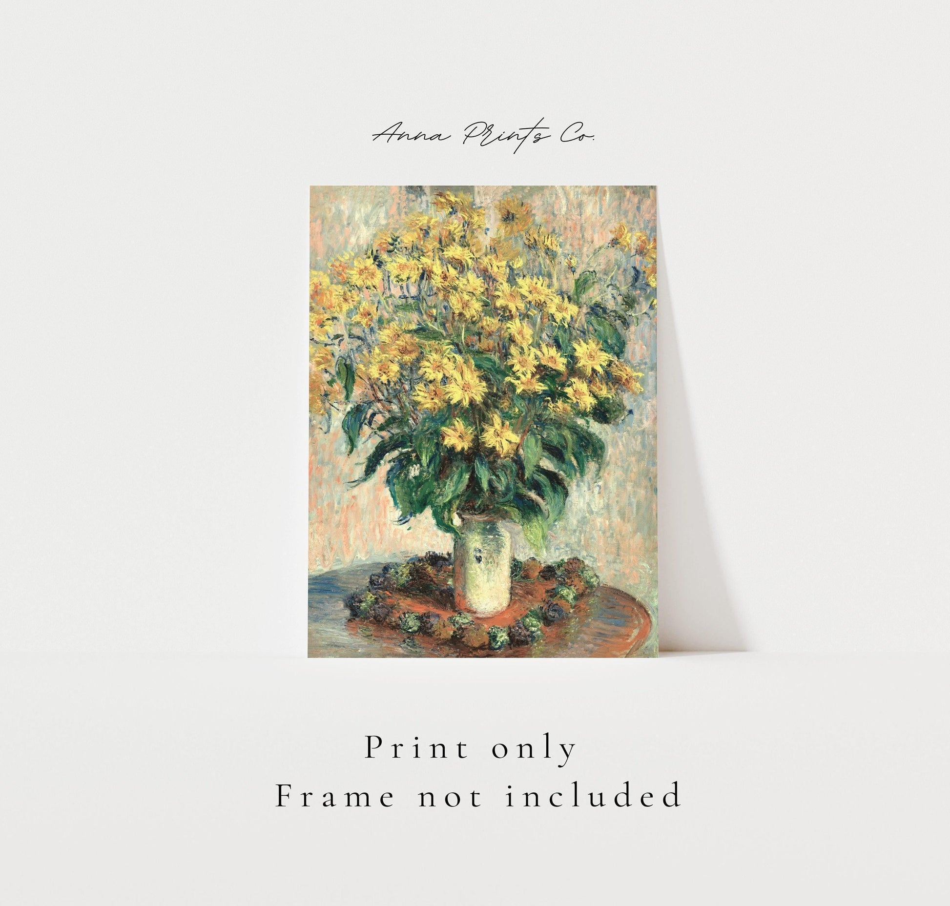 Vintage art print of Jerusalem Artichoke Flowers by Monet with text overlay stating frame not included