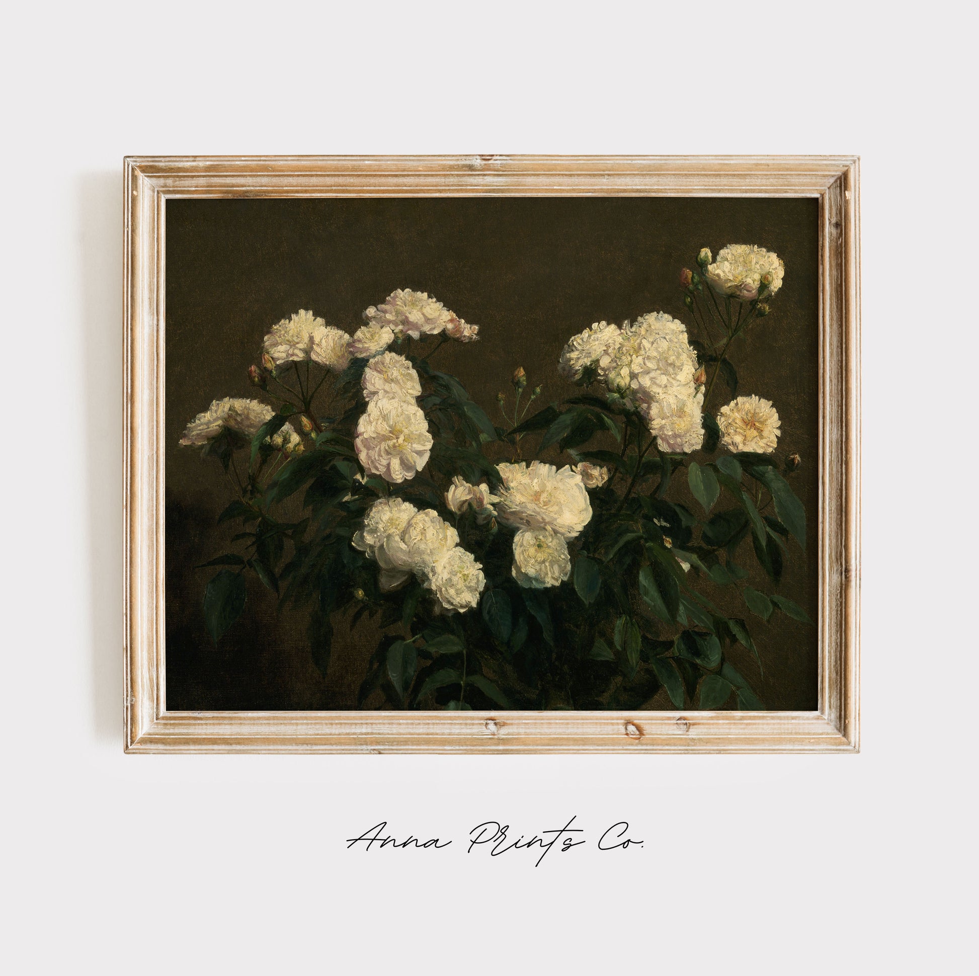Vintage art print of Still Life with White Roses Painting displayed in wooden frame