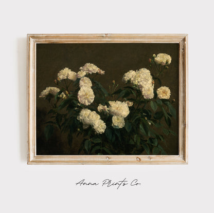 Vintage art print of Still Life with White Roses Painting displayed in wooden frame