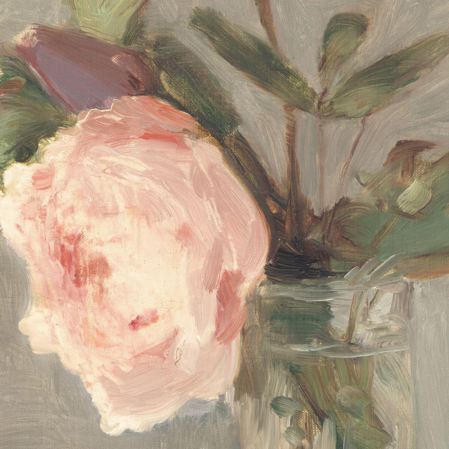 Painting of a pink flower with green leaves and a glass vase.
