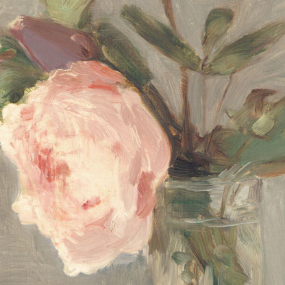 Painting of a pink flower with green leaves and a glass vase.