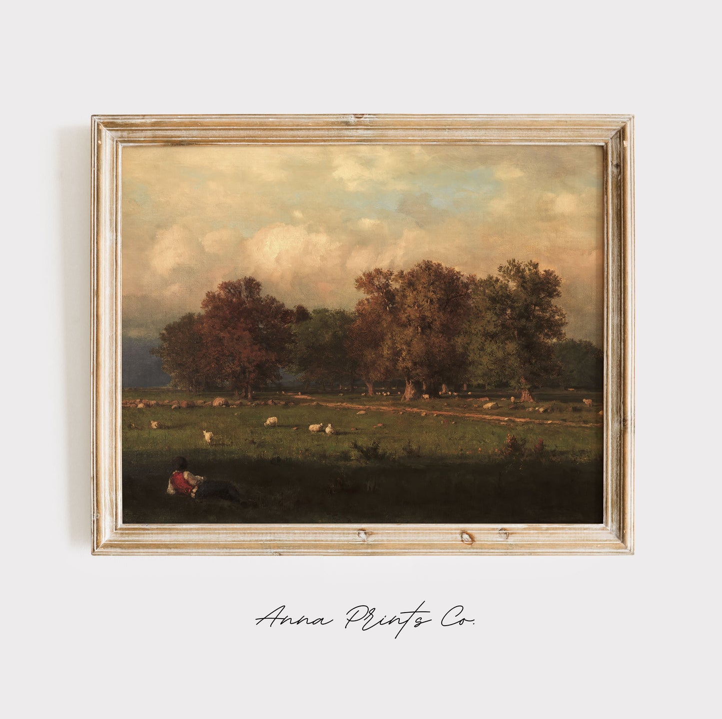 Vintage art print of Moody Fall Landscape Painting displayed in wooden frame