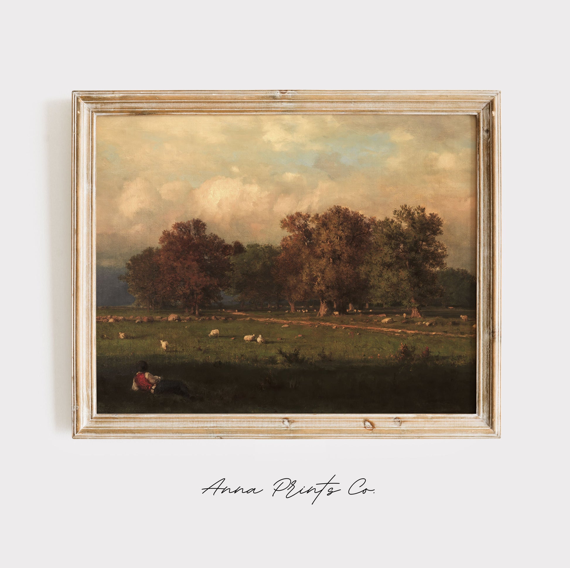 Vintage art print of Moody Fall Landscape Painting displayed in wooden frame