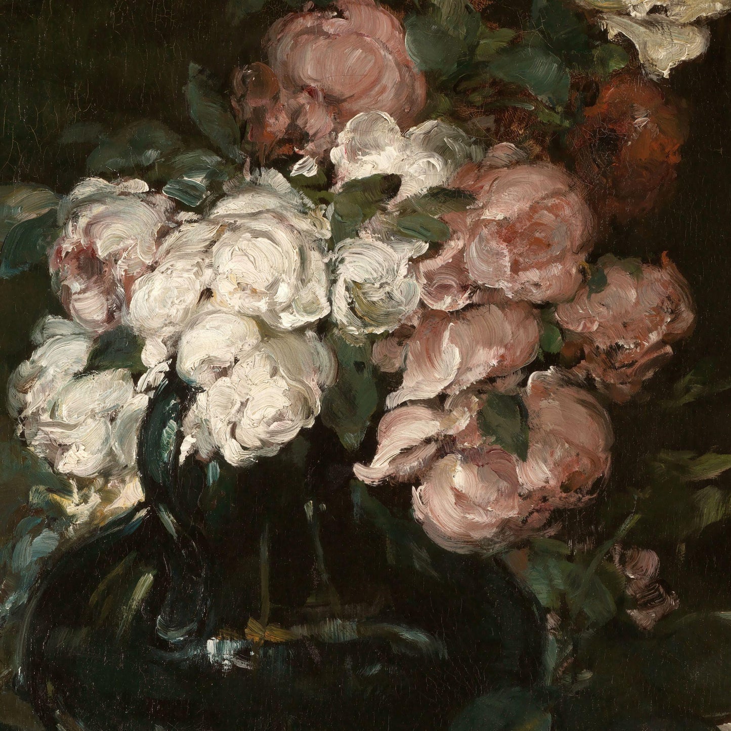 Oil painting of a bouquet of flowers in a dark vase