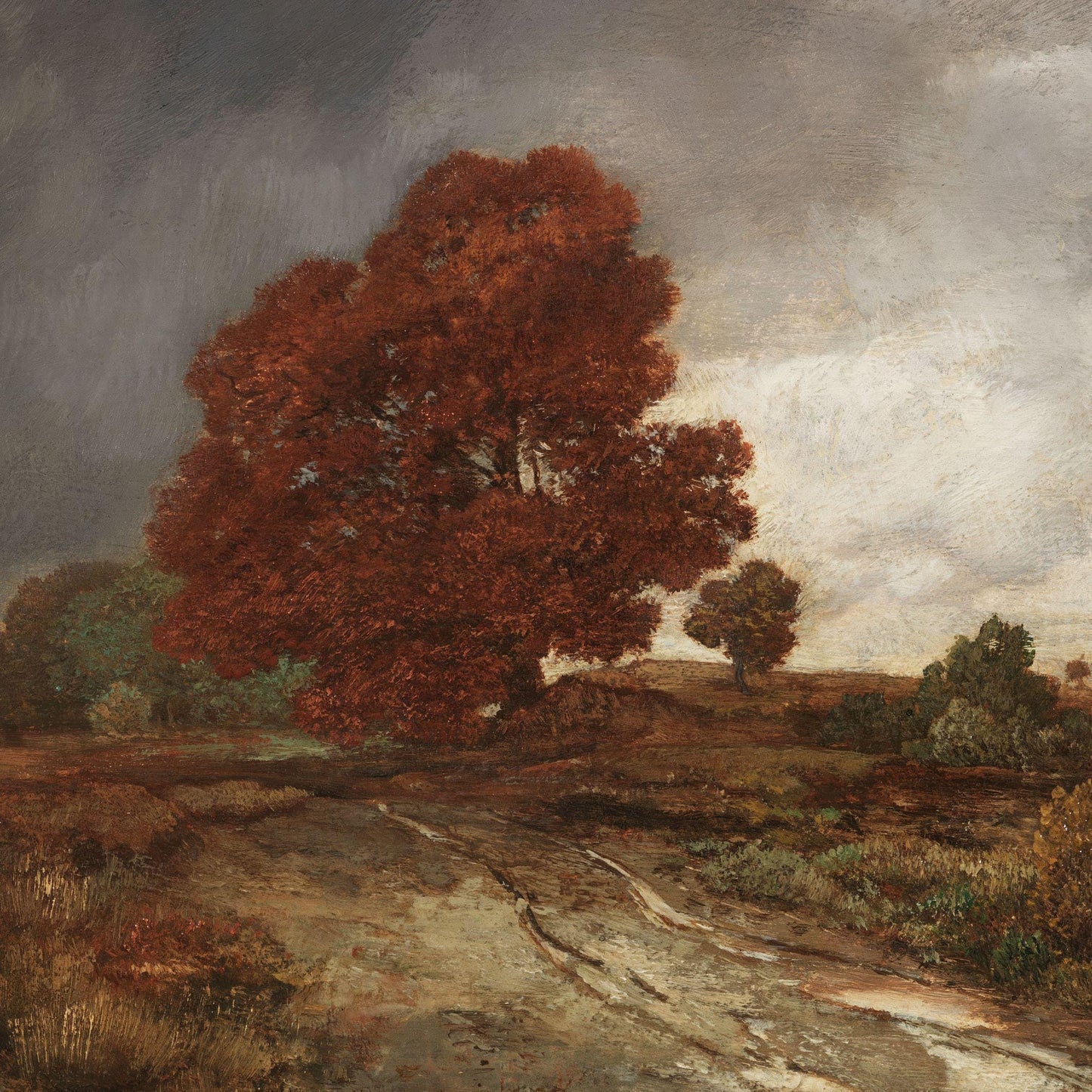Landscape painting with a large red tree and path leading into the distance.