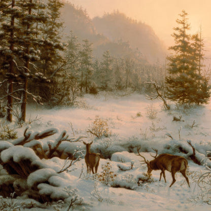 Two deer in a snowy forest with a warm glow