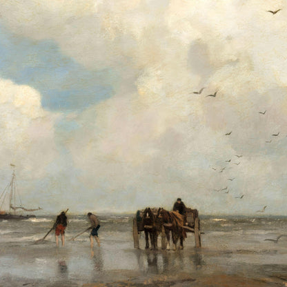 Painting of people on a beach with a cart and horses, under a cloudy sky.