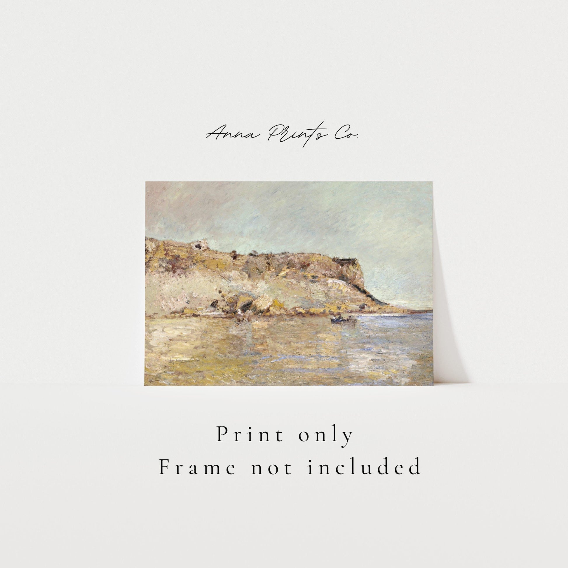 Vintage art print of Coastal Mountains Landscape with text overlay stating frame not included