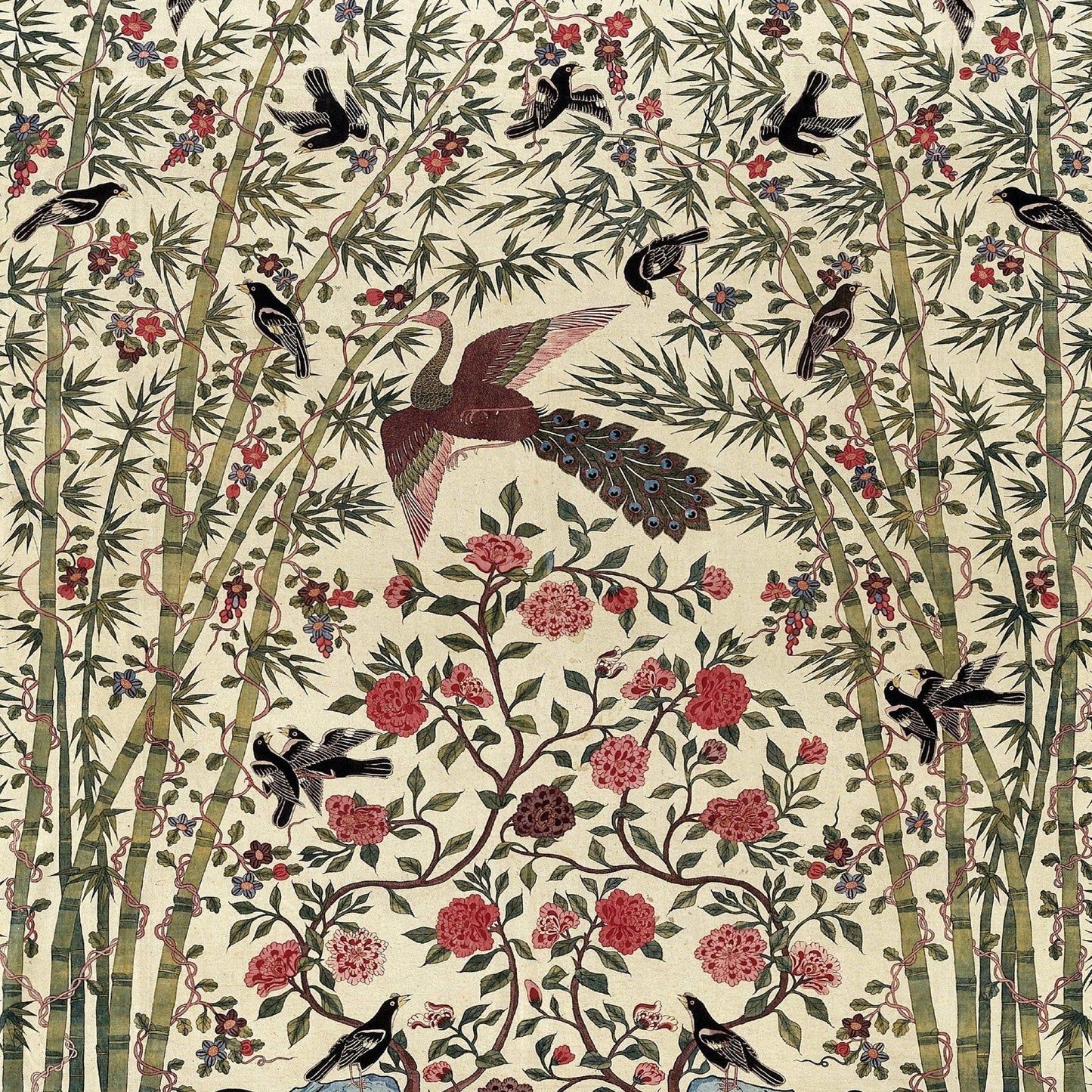 Decorative pattern with birds, flowers, and bamboo on a beige background