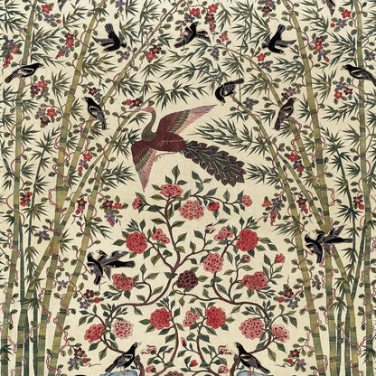 Decorative pattern with birds, flowers, and bamboo on a beige background