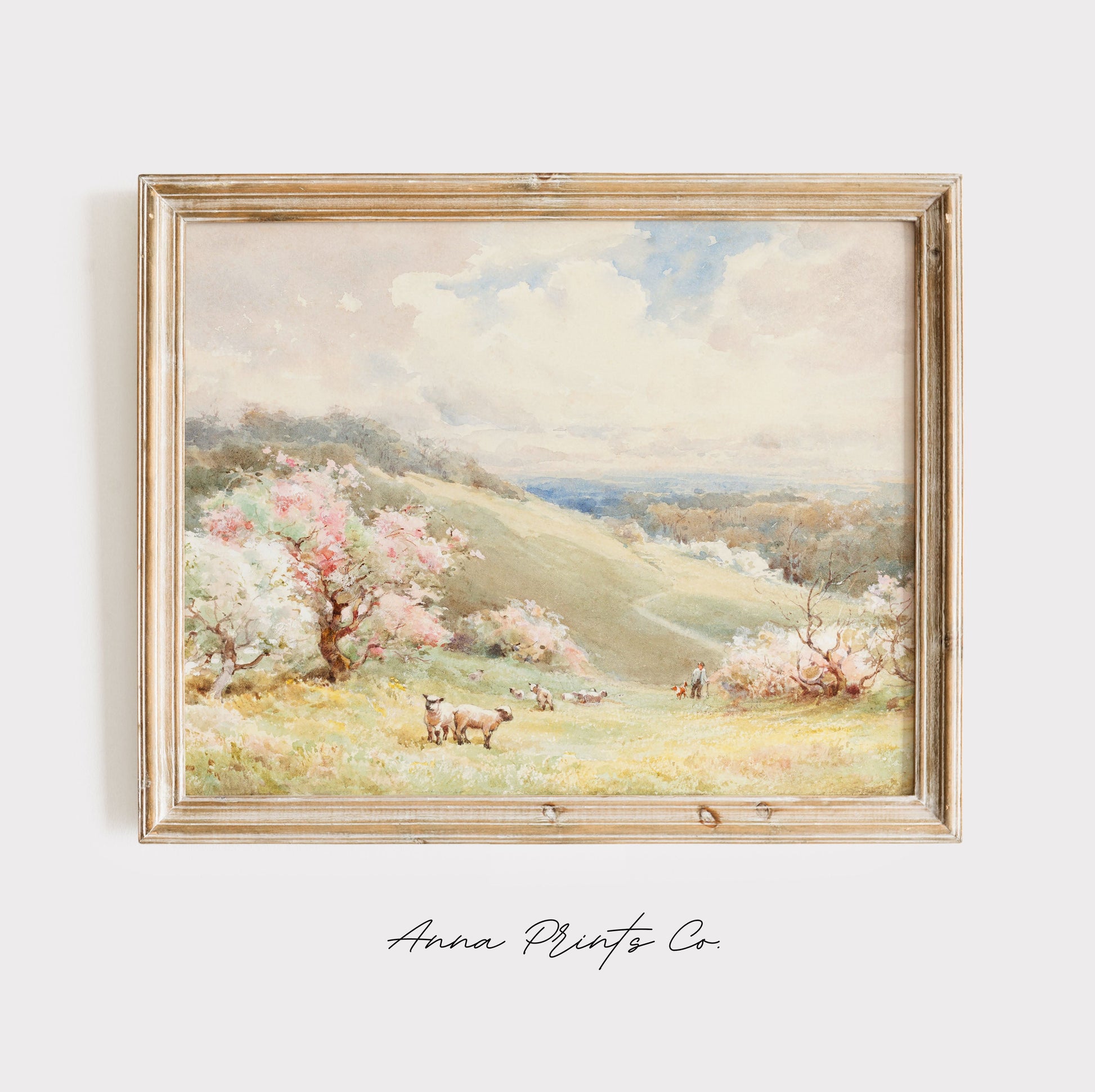 Vintage art print of Spring Watercolor Country Landscape displayed in wooden frame
