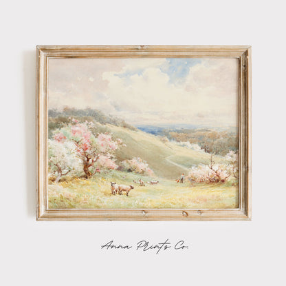 Vintage art print of Spring Watercolor Country Landscape displayed in wooden frame
