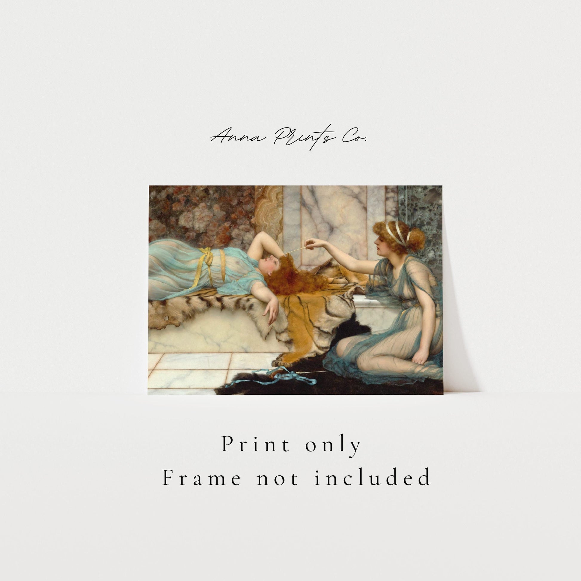 Vintage art print of Mischief and Repose Classical Artwork with text overlay stating frame not included