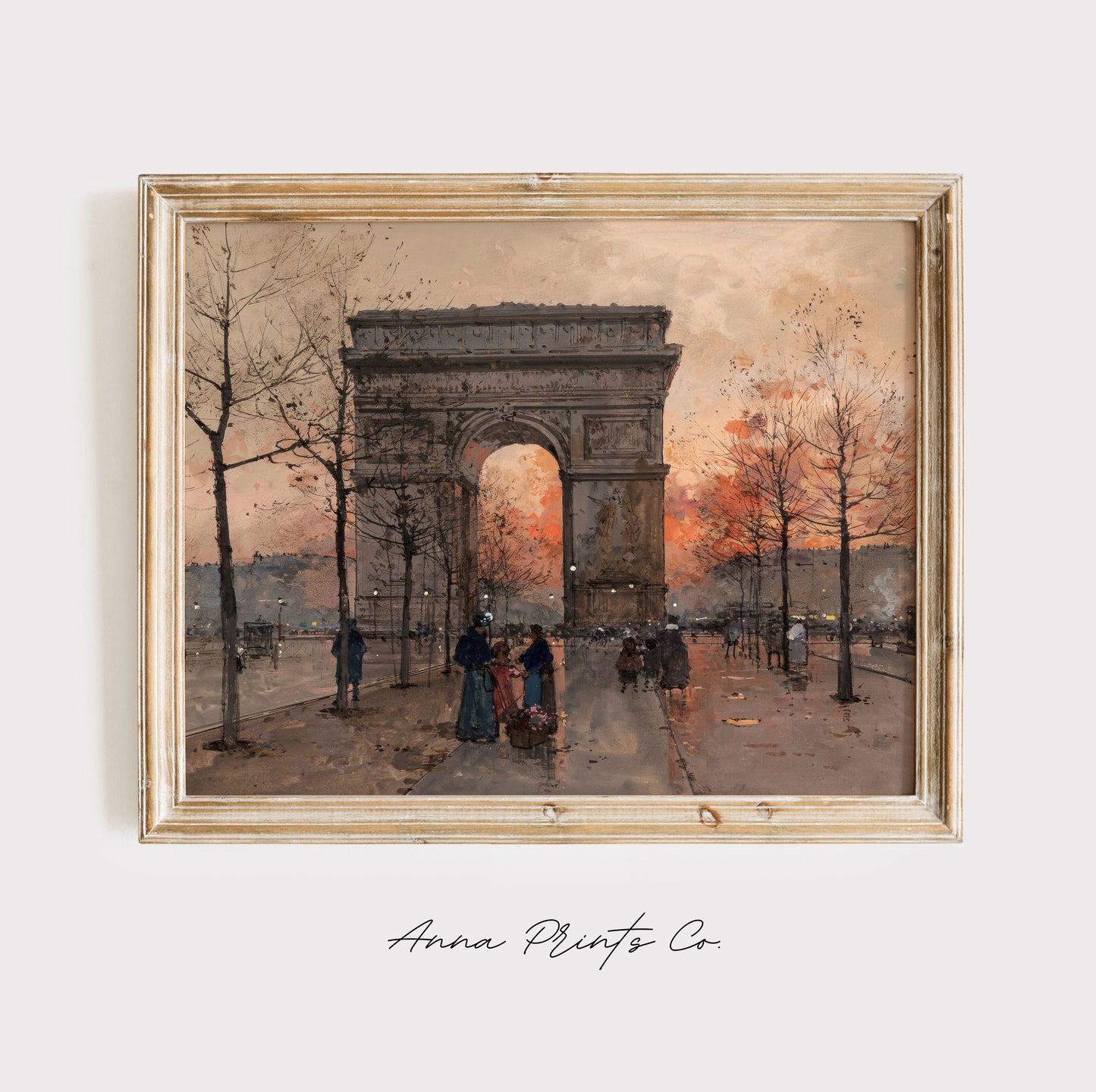 Vintage art print of L'Arc de Triomphe Paris Painting displayed in wooden frame