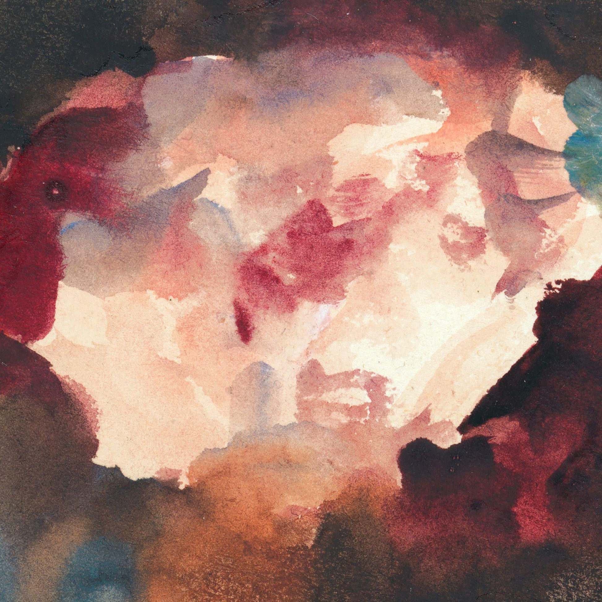 Abstract watercolor painting with a mix of red, pink, and blue colors.