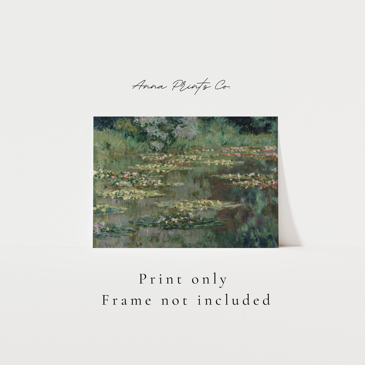 Vintage art print of The Nymphea Pond by Monet with text overlay stating frame not included