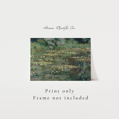 Vintage art print of The Nymphea Pond by Monet with text overlay stating frame not included