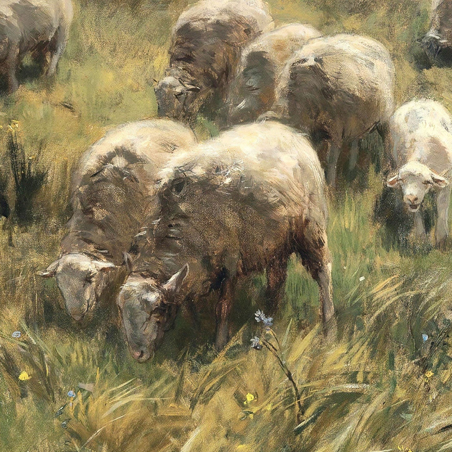 Painting of sheep grazing in a field with grass and flowers.