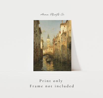 Vintage art print of Venice European Cityscape Painting with text overlay stating frame not included