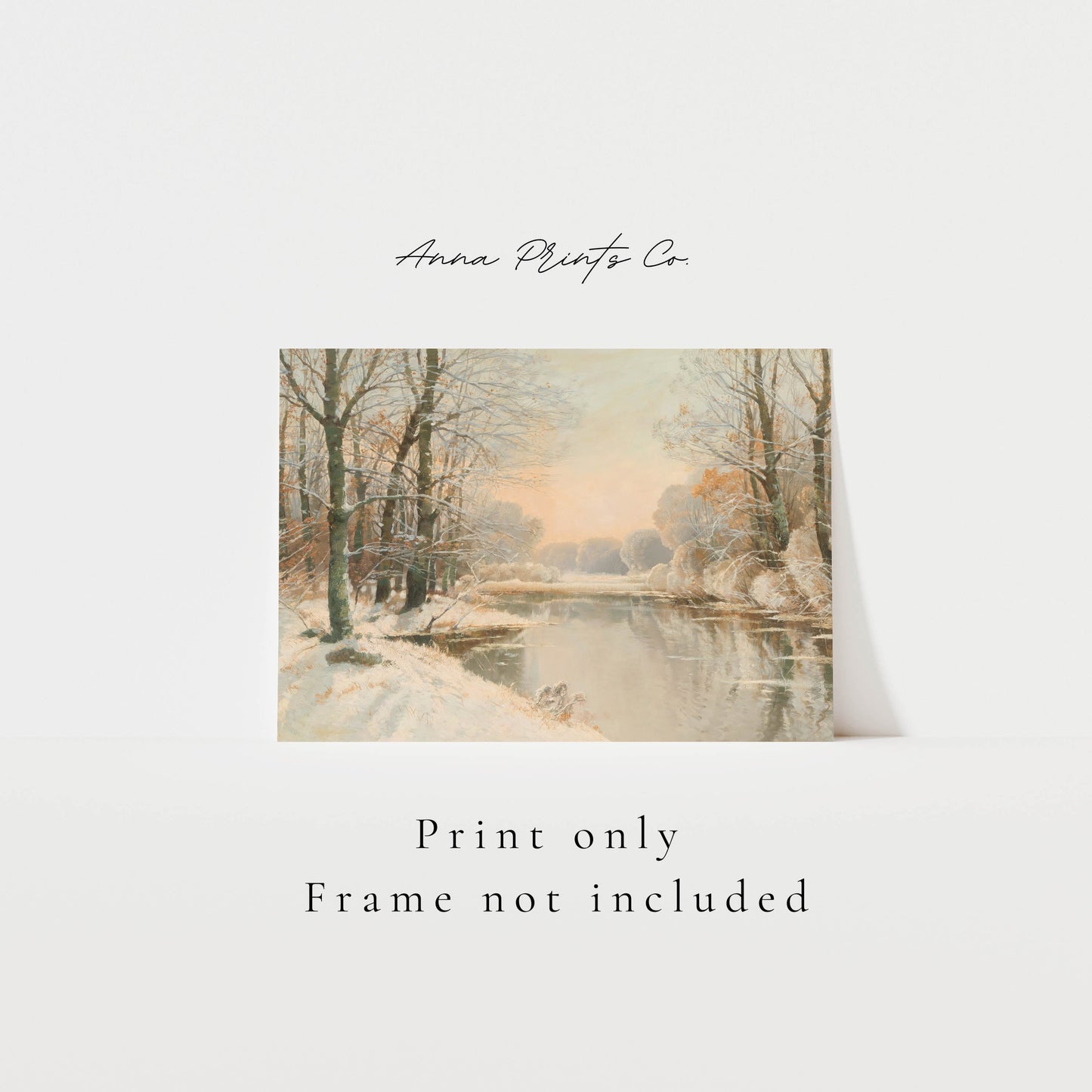 Vintage art print of Winter at Spreewald Pond Painting with text overlay stating frame not included