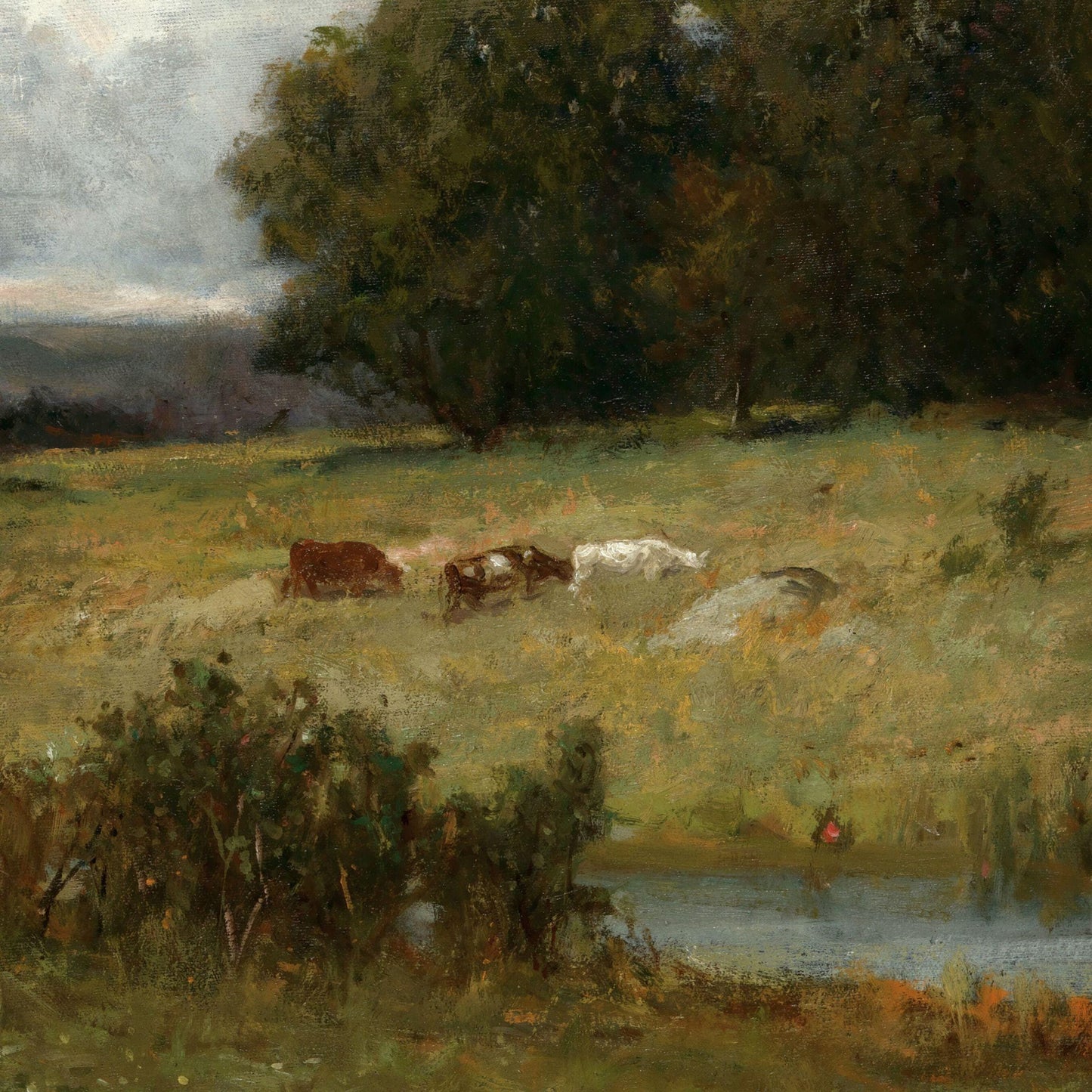 Painting of cows grazing in a field with trees and a lake.
