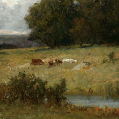 Painting of cows grazing in a field with trees and a lake.