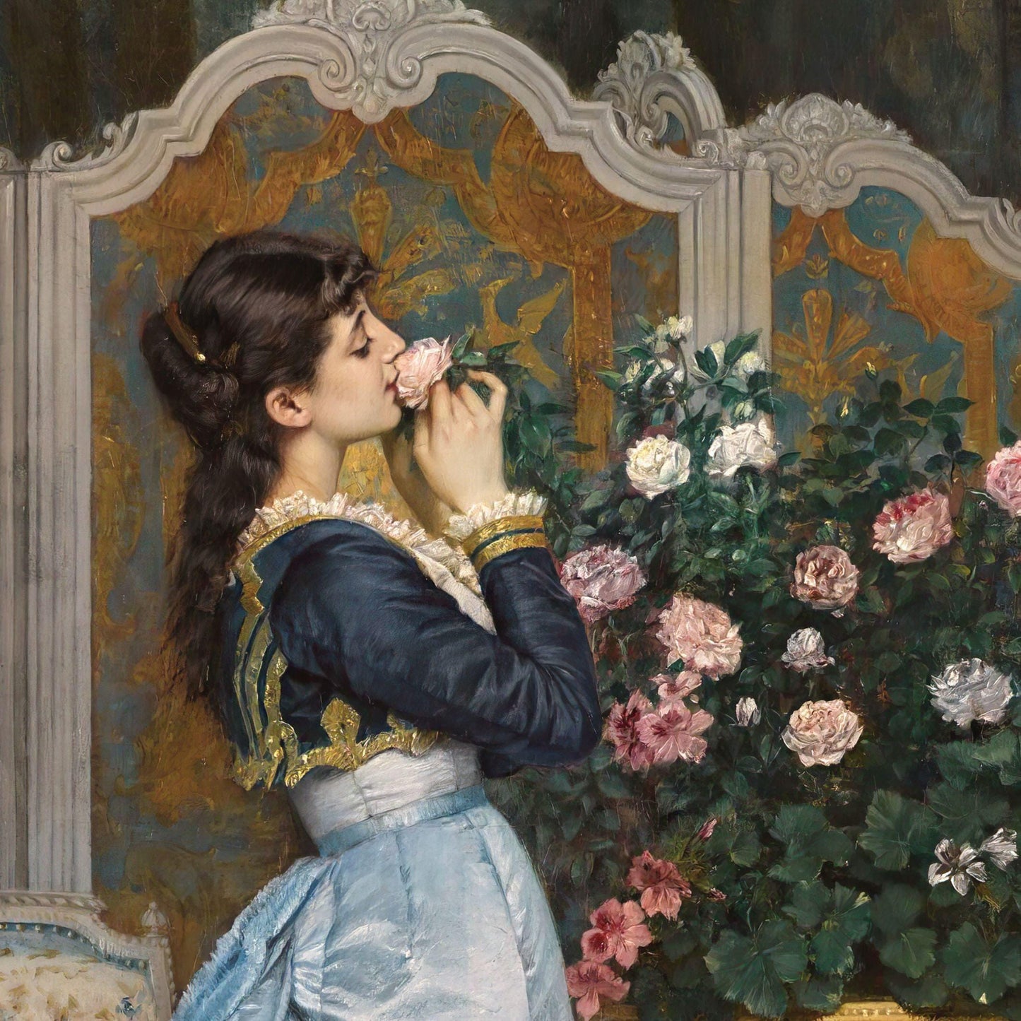 Painting of a woman smelling flowers in an ornate room