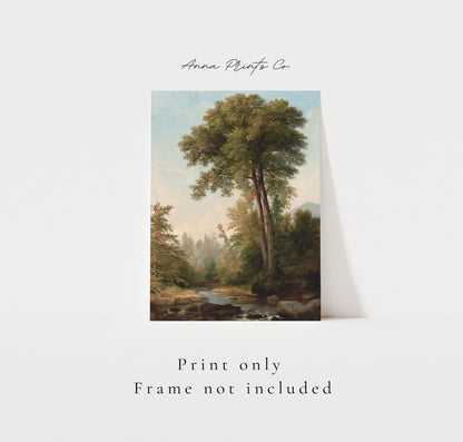 Vintage art print of Rustic Country Landscape with text overlay stating frame not included