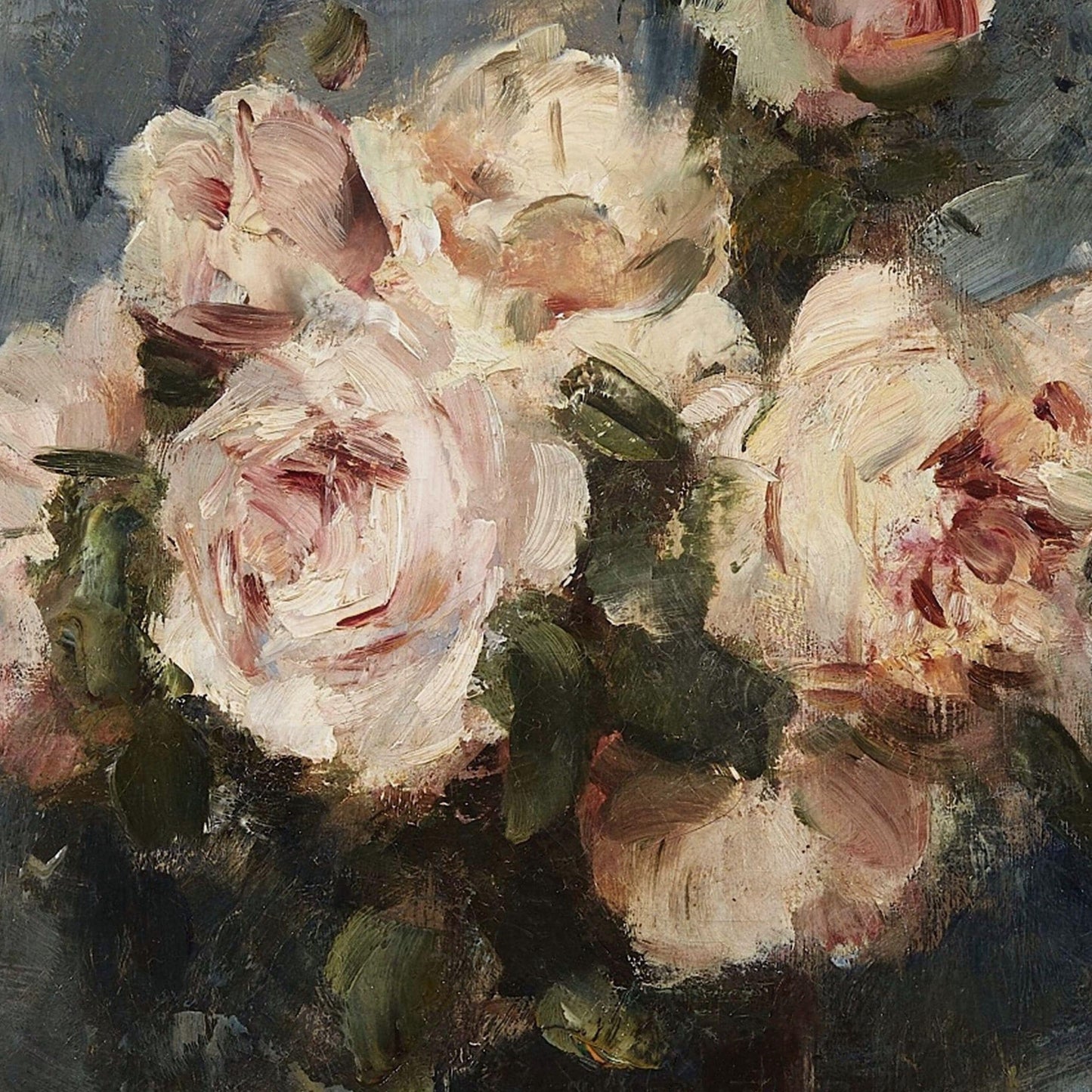Oil painting of pink roses with a dark background