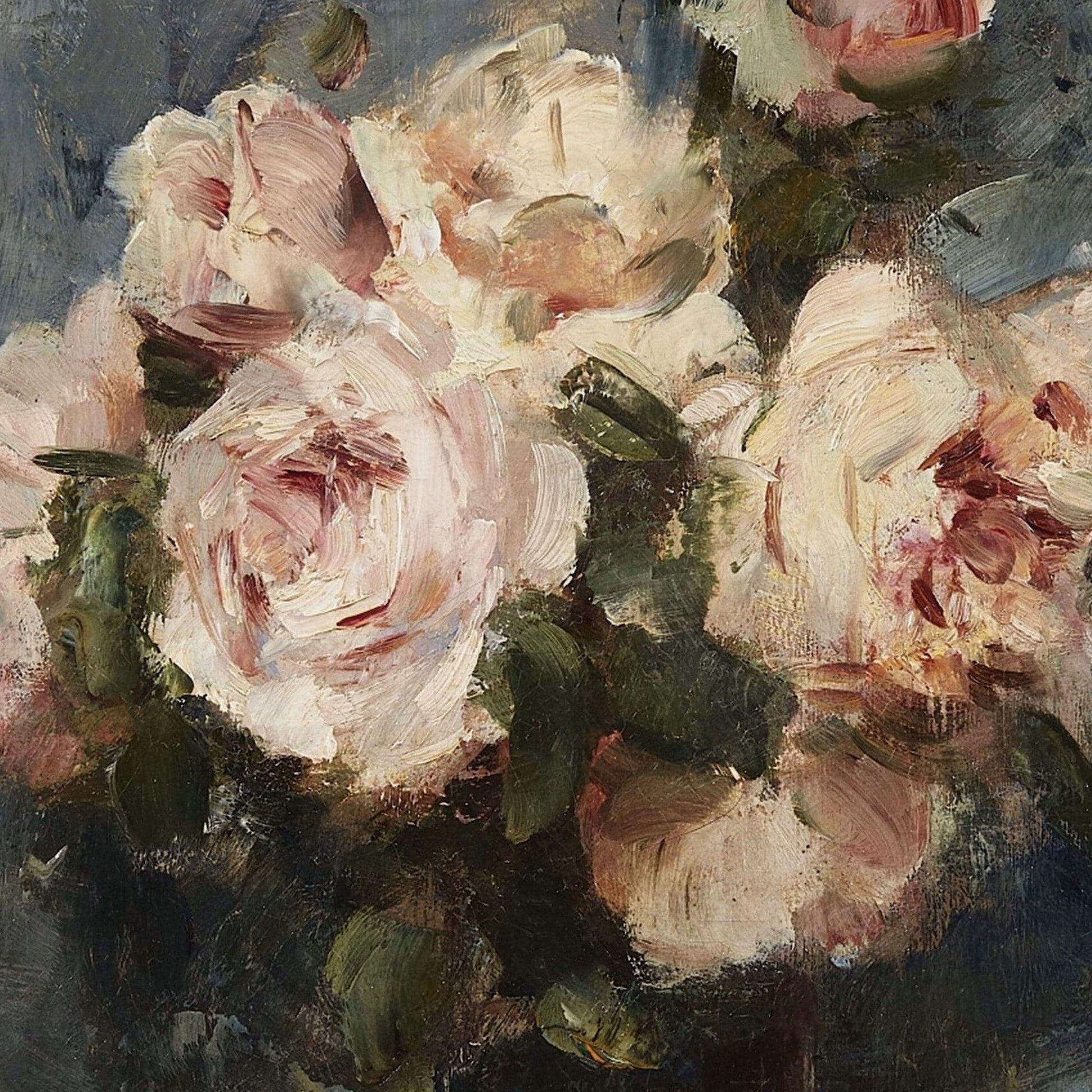 Oil painting of pink roses with a dark background