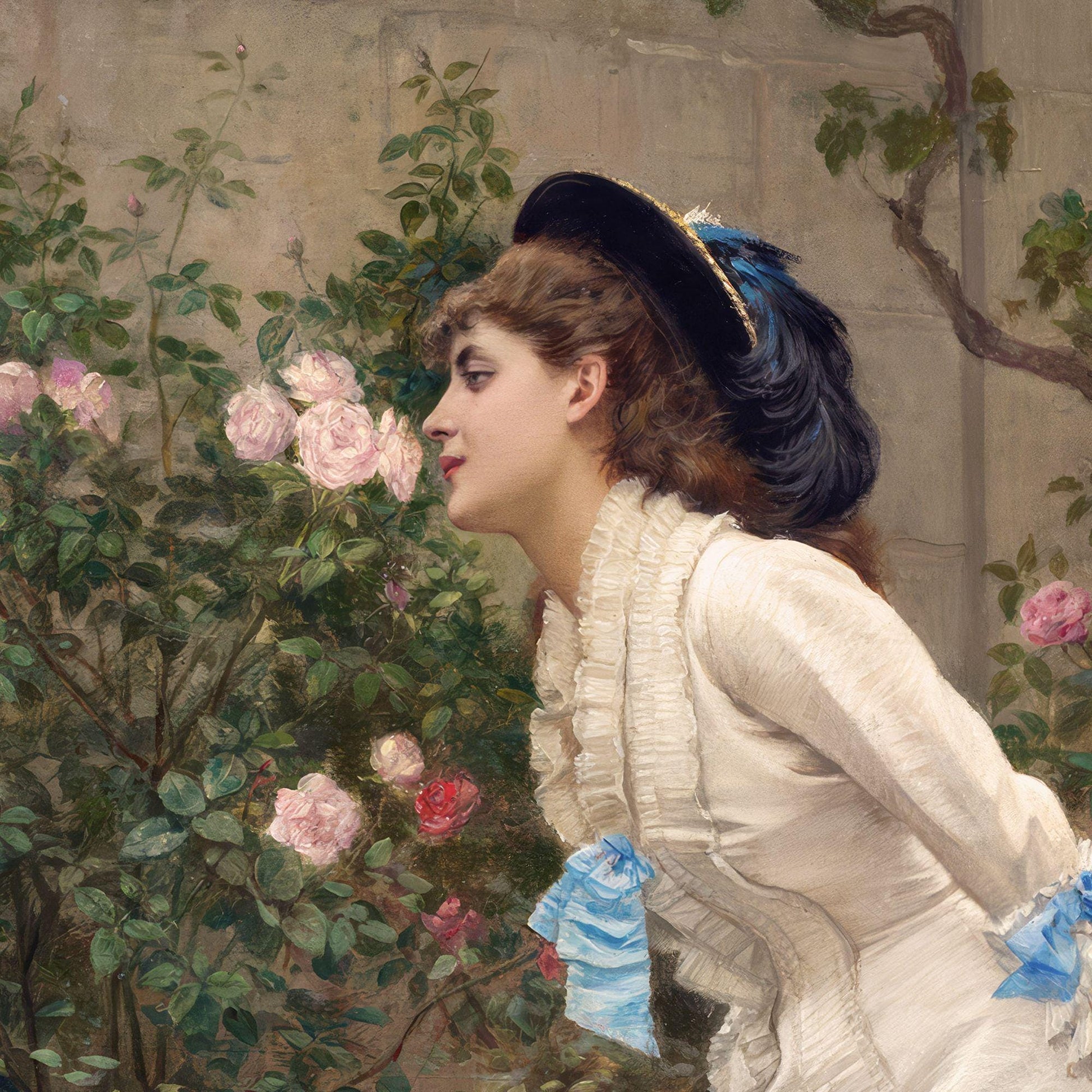 Woman in a garden with flowers and a decorative hat