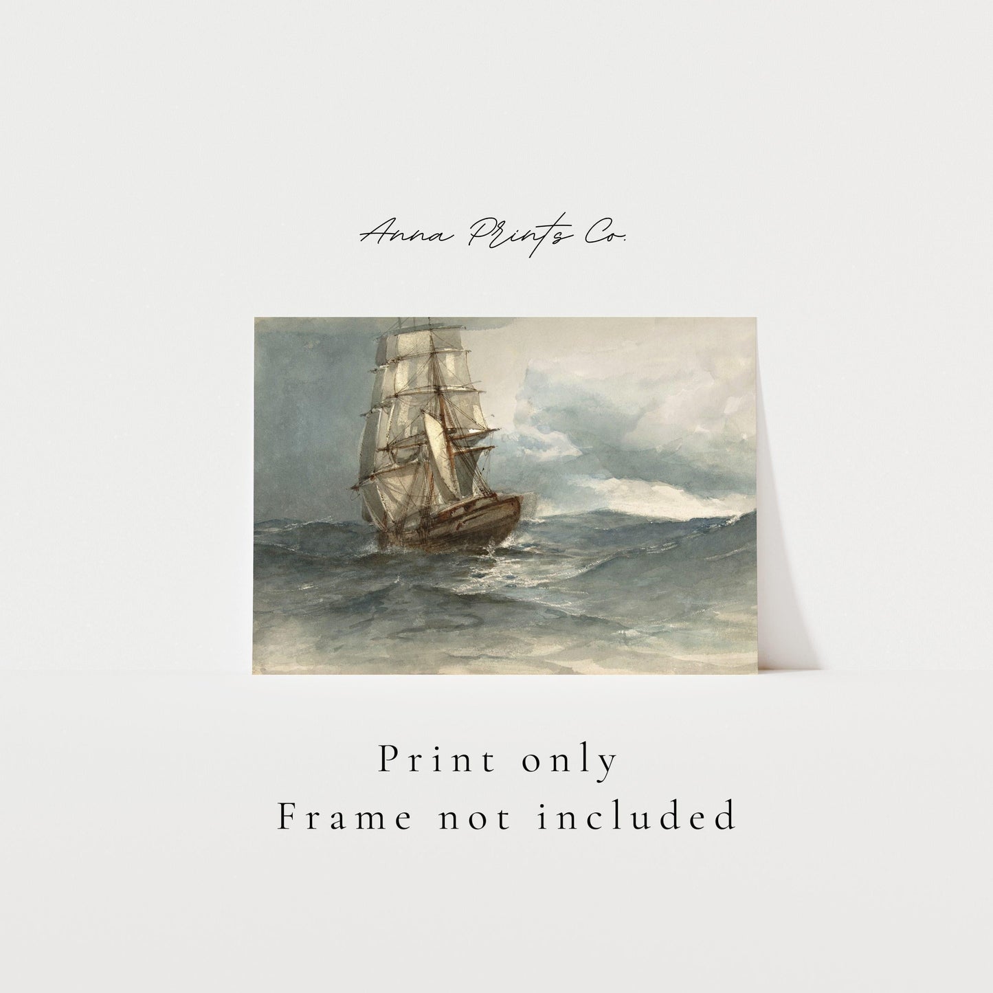 Vintage art print of Ship at Sea Watercolor Ocean Artwork with text overlay stating frame not included