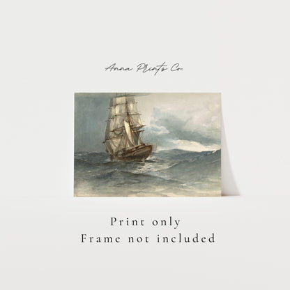 Vintage art print of Ship at Sea Watercolor Ocean Artwork with text overlay stating frame not included