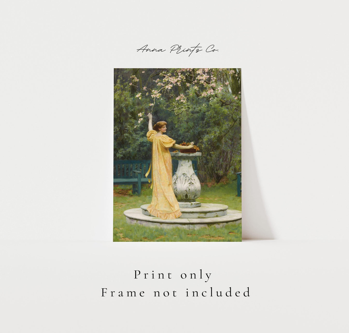 Vintage art print of Spring in Bloom Cottage Painting with text overlay stating frame not included