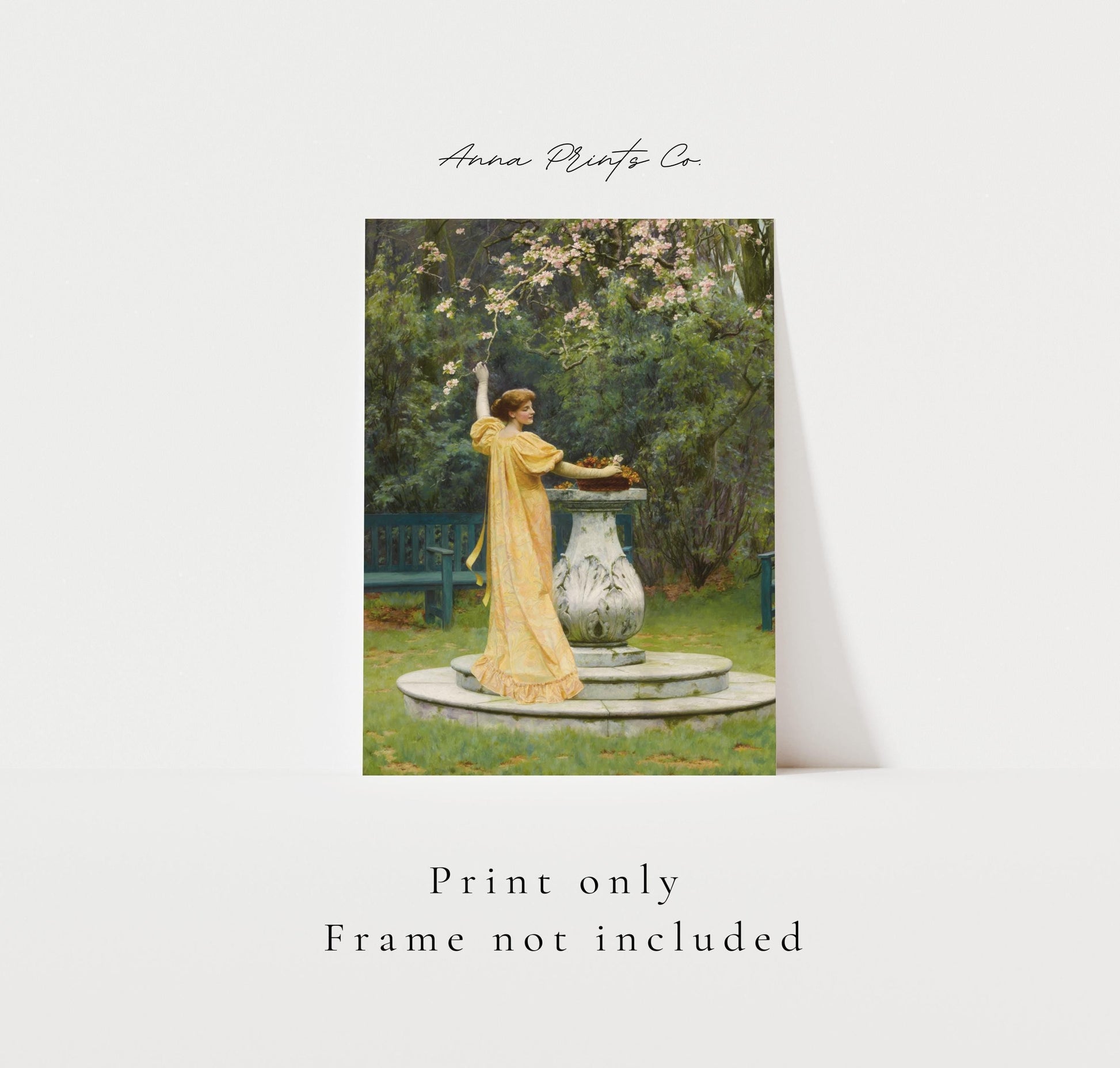 Vintage art print of Spring in Bloom Cottage Painting with text overlay stating frame not included