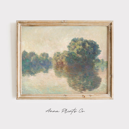 Vintage art print of The Seine at Giverny by Monet displayed in wooden frame