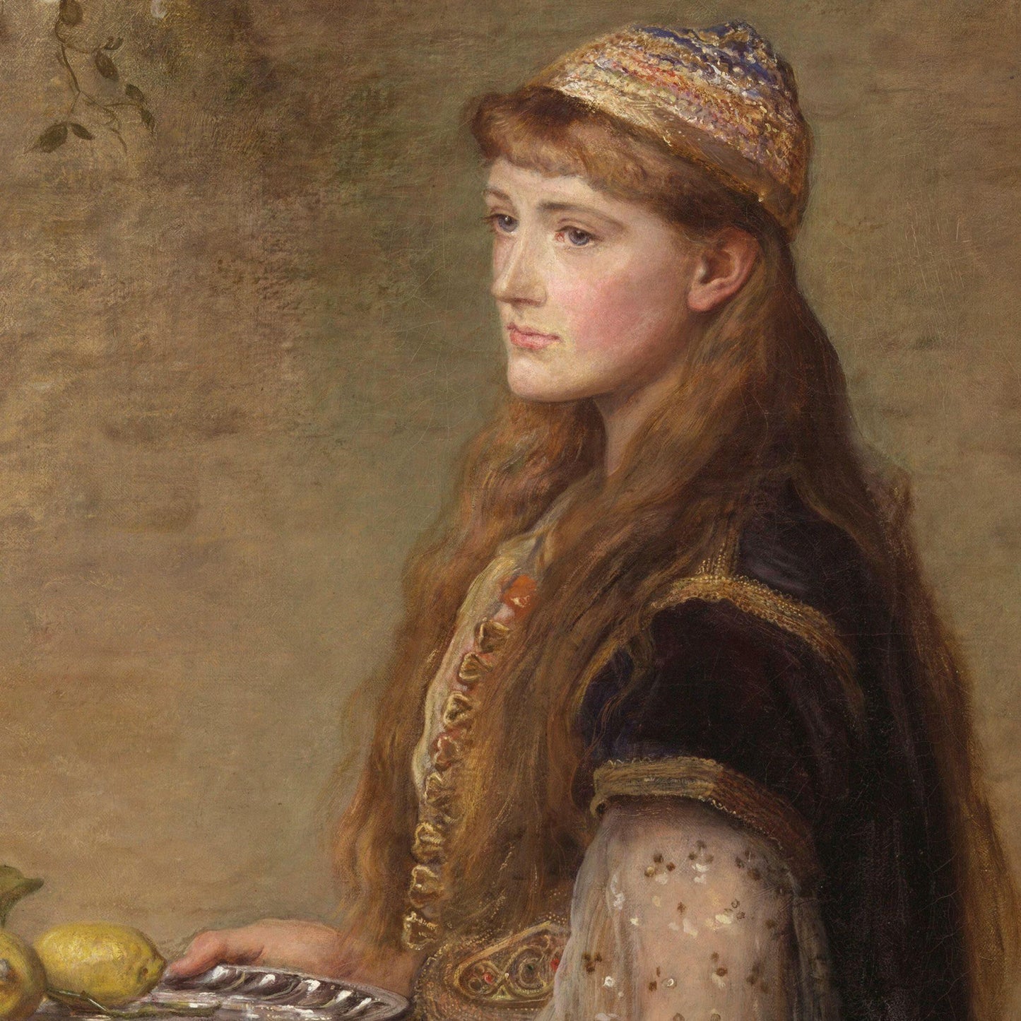 Portrait of a woman with long hair and a decorative headpiece, holding lemons and a silver tray.