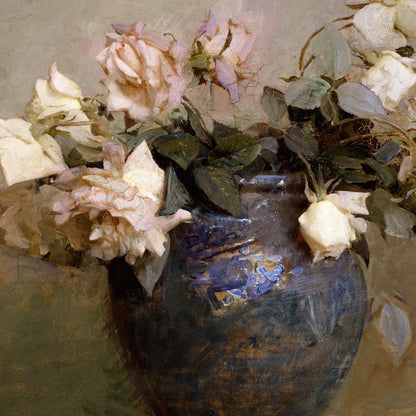 Artistic depiction of a vase with flowers on a textured surface