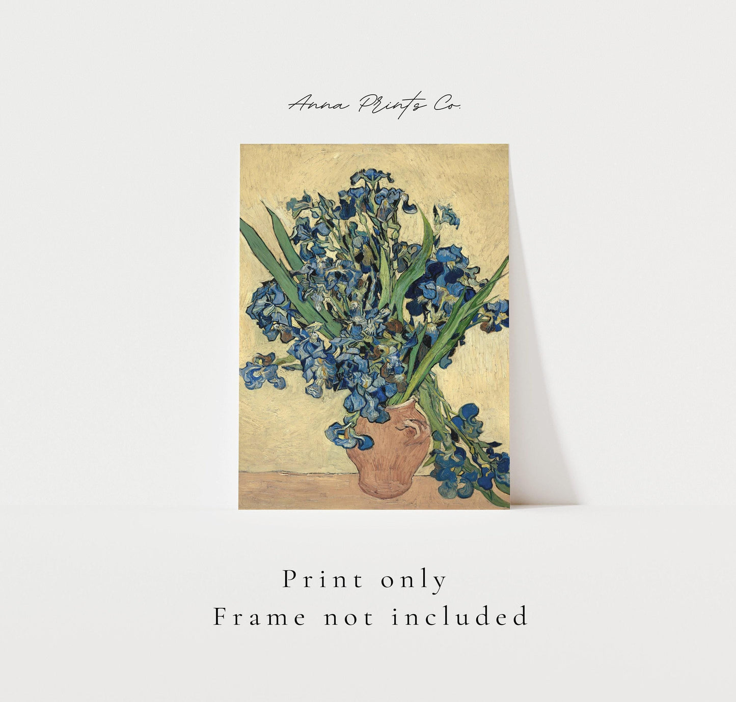 Vintage art print of Irises by Van Gogh, 1890) with text overlay stating frame not included