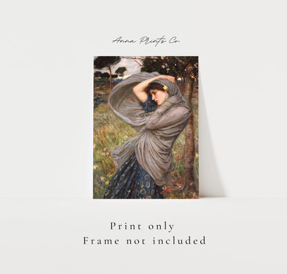 Vintage art print of Boreas Painting by Waterhouse with text overlay stating frame not included